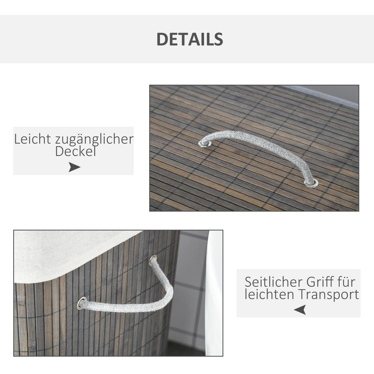 WÄSCHEKORB schmal mit Deckel 100L, Badezimmer, Bambus, Grau - Grau, Naturmaterialien (32/63/52cm) - HOMCOM