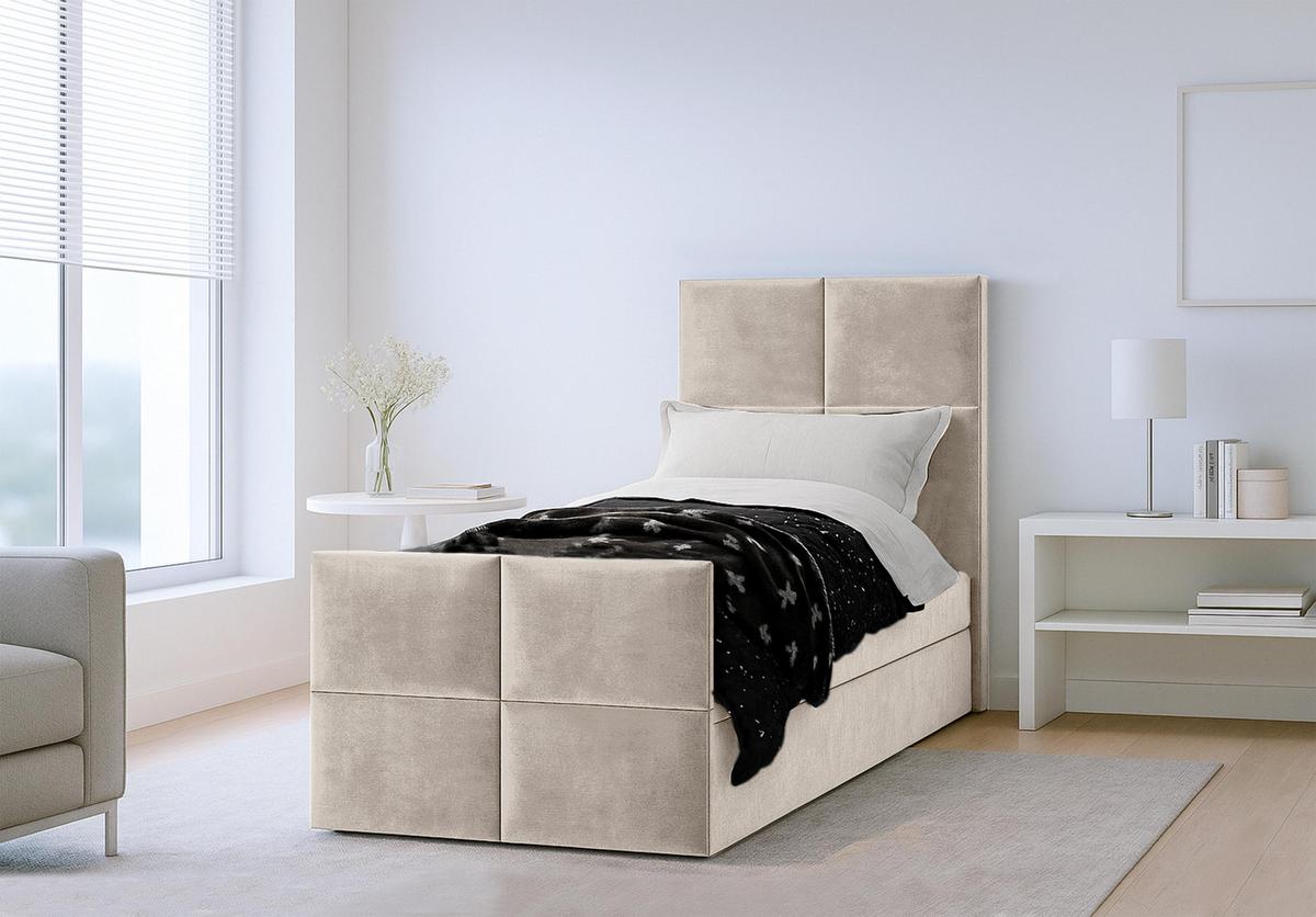 BOXBETT ALEYNA 100x200 cm mit Bettkasten und Matratze - Beige + TOPPER - Beige/Schwarz, Holz/Holzwerkstoff (100/200cm) - AX Living