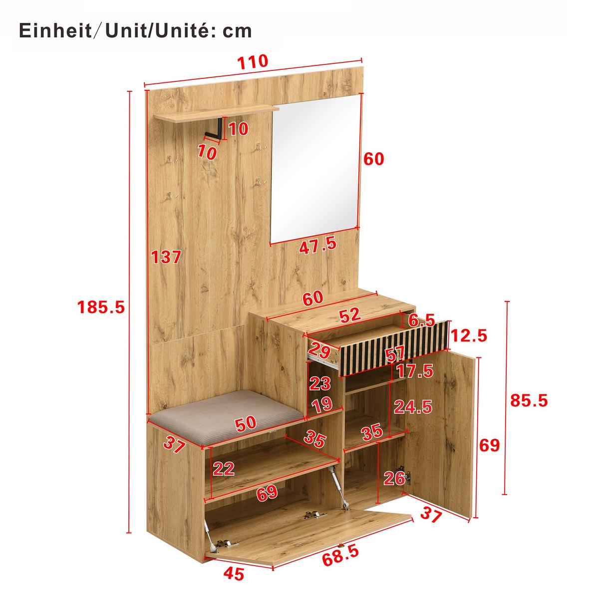 GARDEROBE FÜR FLUR - kombischrank mit Spiegel, Sitzbank und Stauraum - Sonoma Eiche, Glas/Holzwerkstoff (110/186/37cm) - Urban Meuble