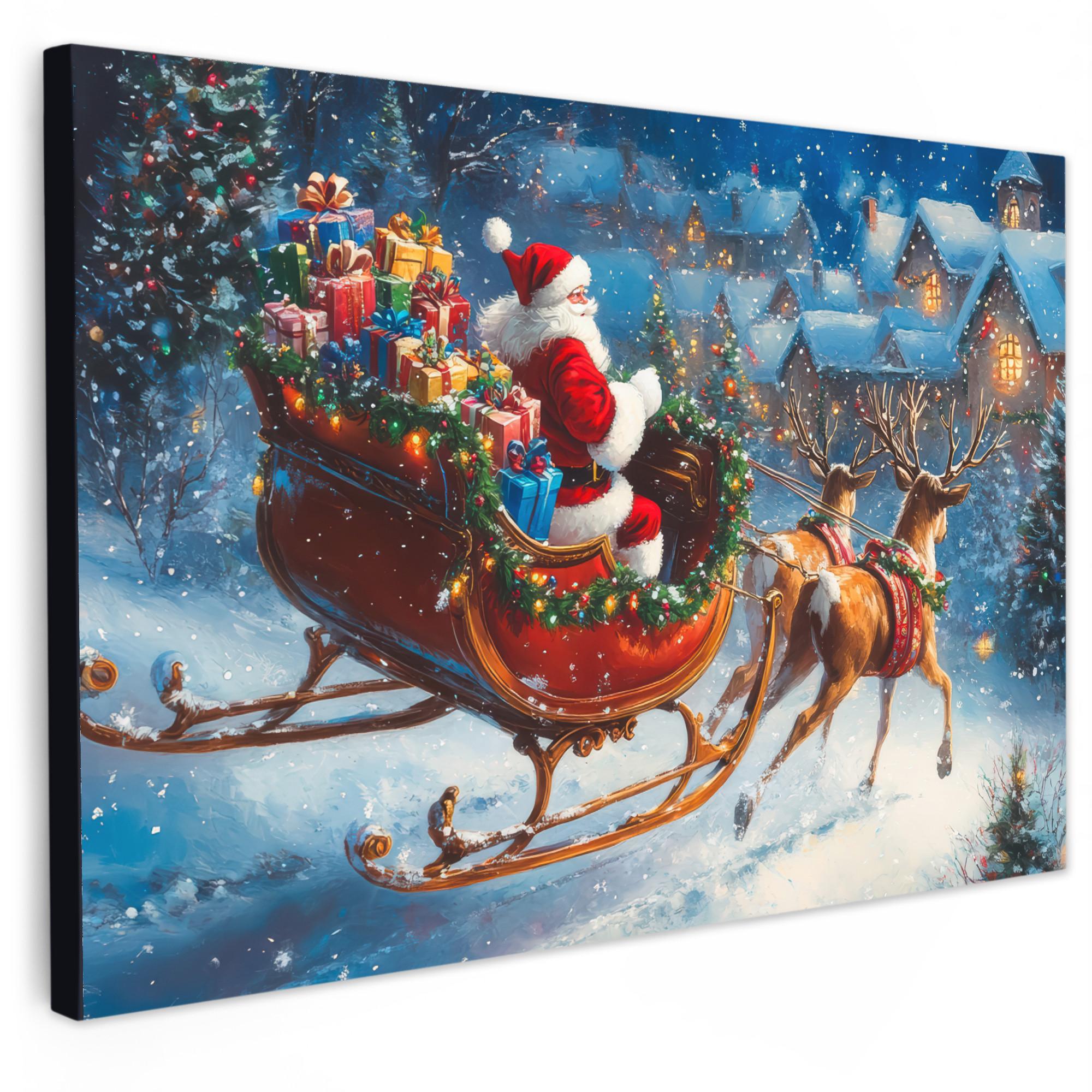 LEINWANDBILD Weihnachtsmann - Rentier - Weihnachten - Schnee XXL 150x100 cm - Cognac, Textil (150/100cm) - MuchoWow