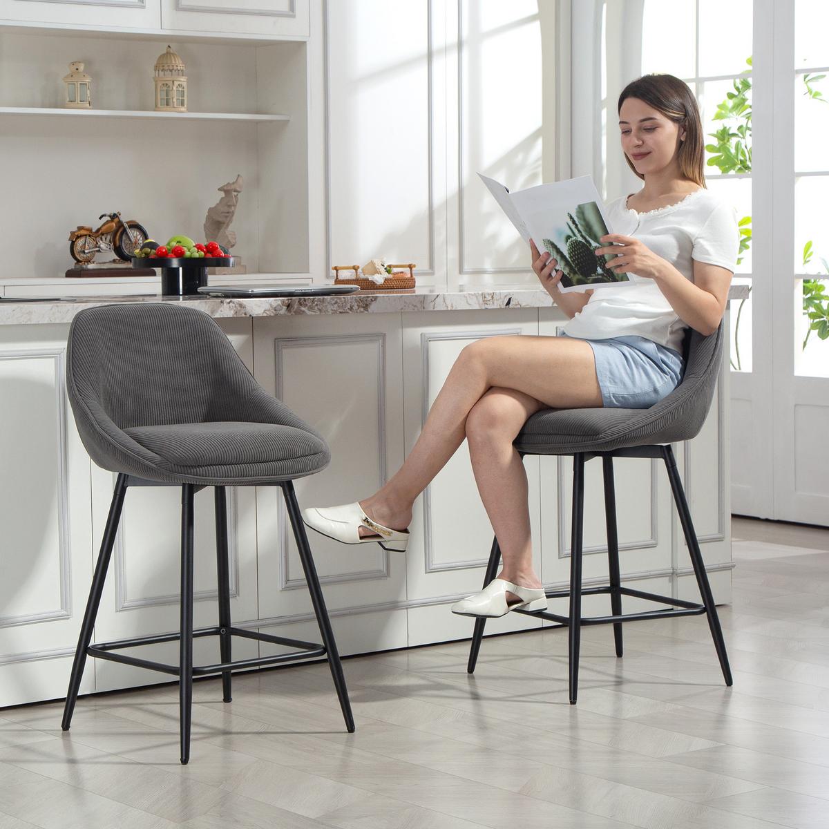 BARHOCKER 2er Set mit Fußstütze Rückenlehne Kord-Optik Grau - Schwarz/Grau, Textil (49/88/52cm) - HOMCOM