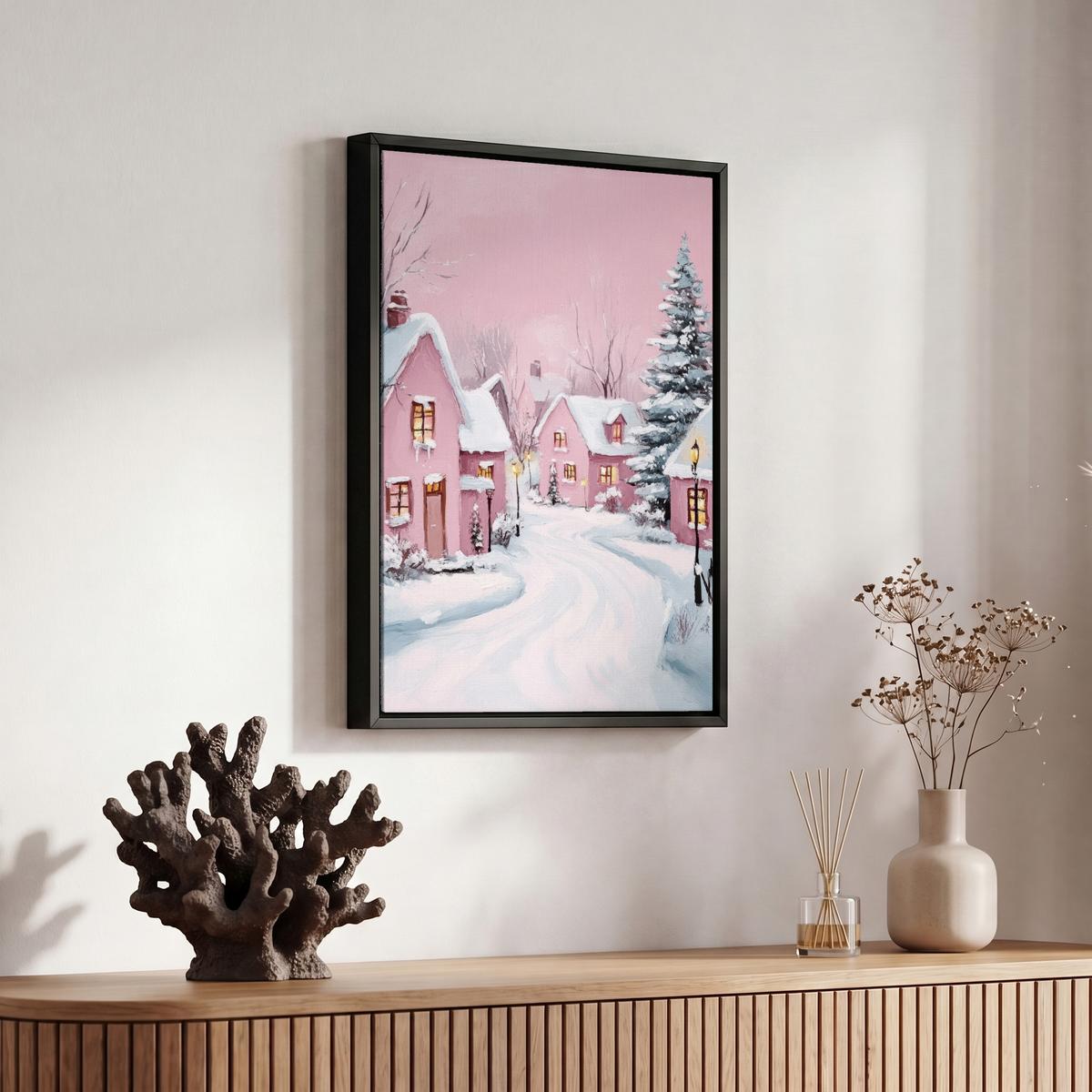 LEINWAND Bilder mit Rahmen - Weihnachtsdorf - Rosa - Winter - Schnee - Häuser - 20x30 - Altrosa, Textil (20/30cm) - MuchoWow