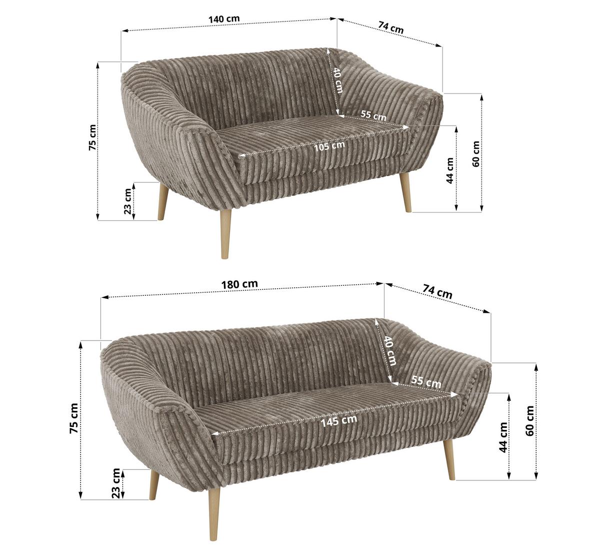 SITZGARNITUR PIRS 3+2 - Hellbraun Cord - Holzbeine - Hellbraun/Buchefarben, Holzwerkstoff/Textil (180/75/74cm) - MKS