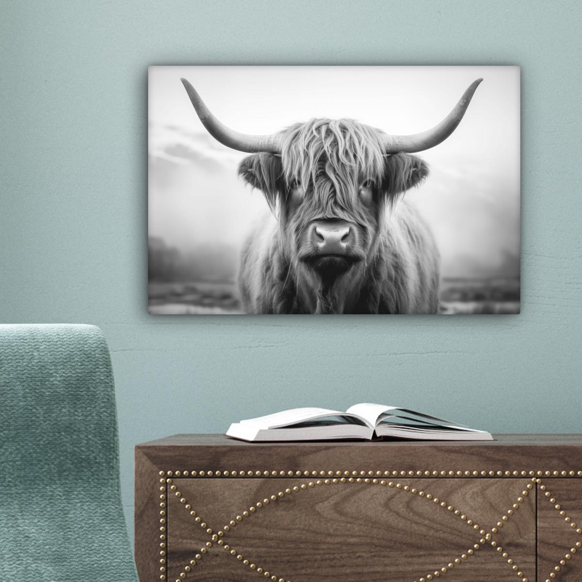 LEINWANDBILD Schottischer Highlander - Nebel - Schwarz - Weiß Deko Schlafzimmer 30x20 cm - Grau, Textil (30/20cm) - MuchoWow