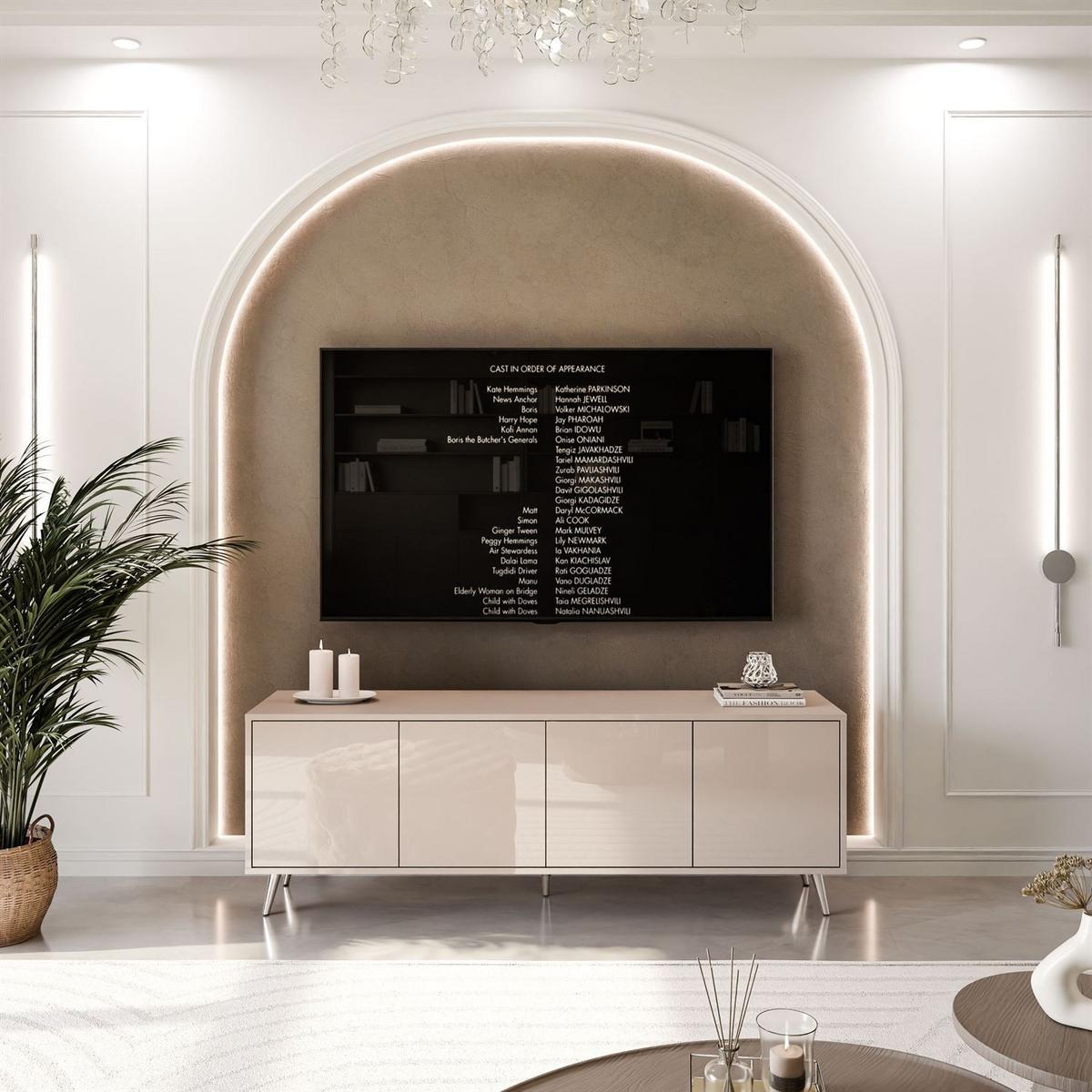 TV-SCHRANK SANAYI Kaschmir Hochglanz – schräge silberne Beine - Kaschmir, Holzwerkstoff (156/54/38cm) - Lookway