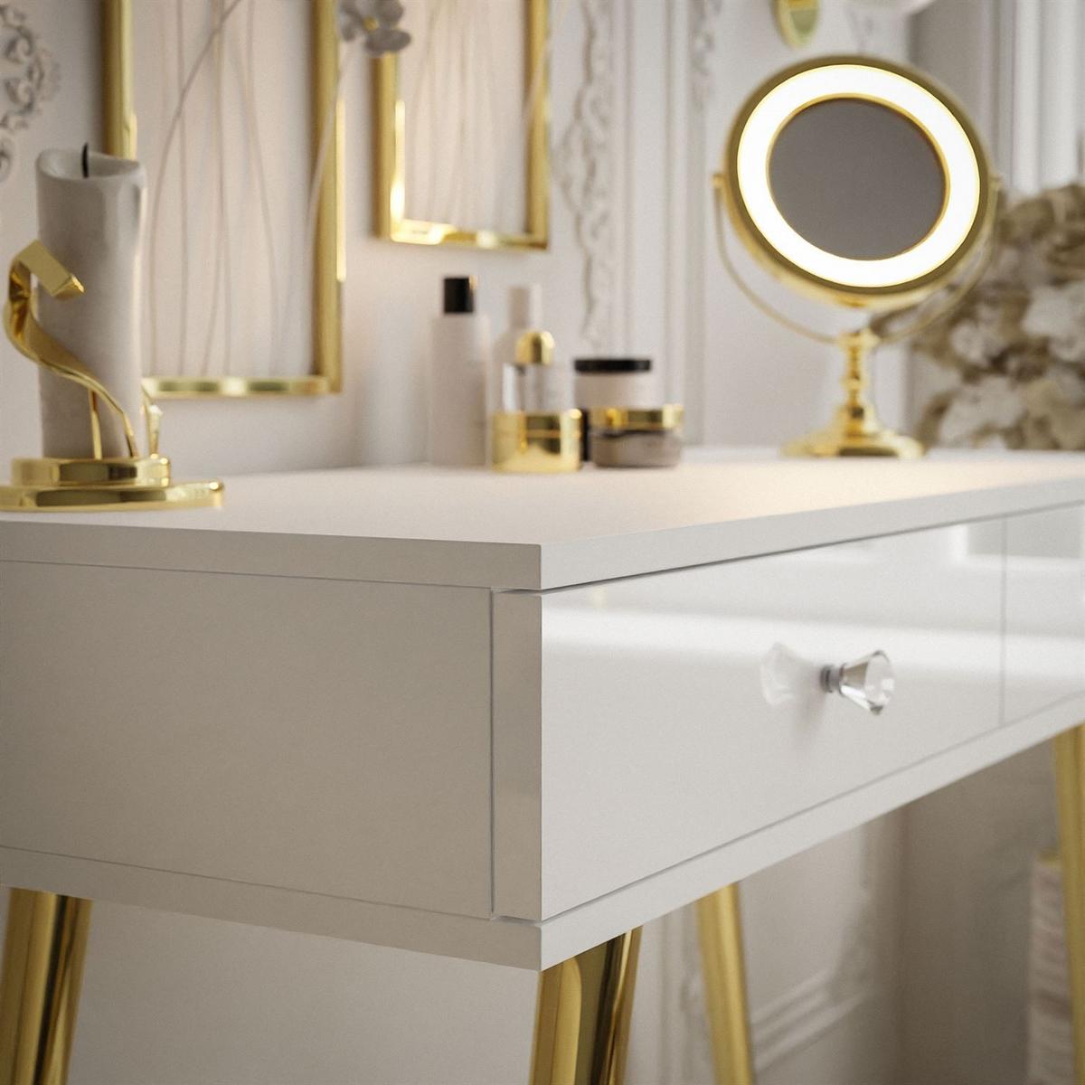 KONSOLE SIENNA GOLD mit Schubladen auf goldenen Beinen - Weiß Hochglanz/Goldfarben, Holzwerkstoff (100/81/42cm)