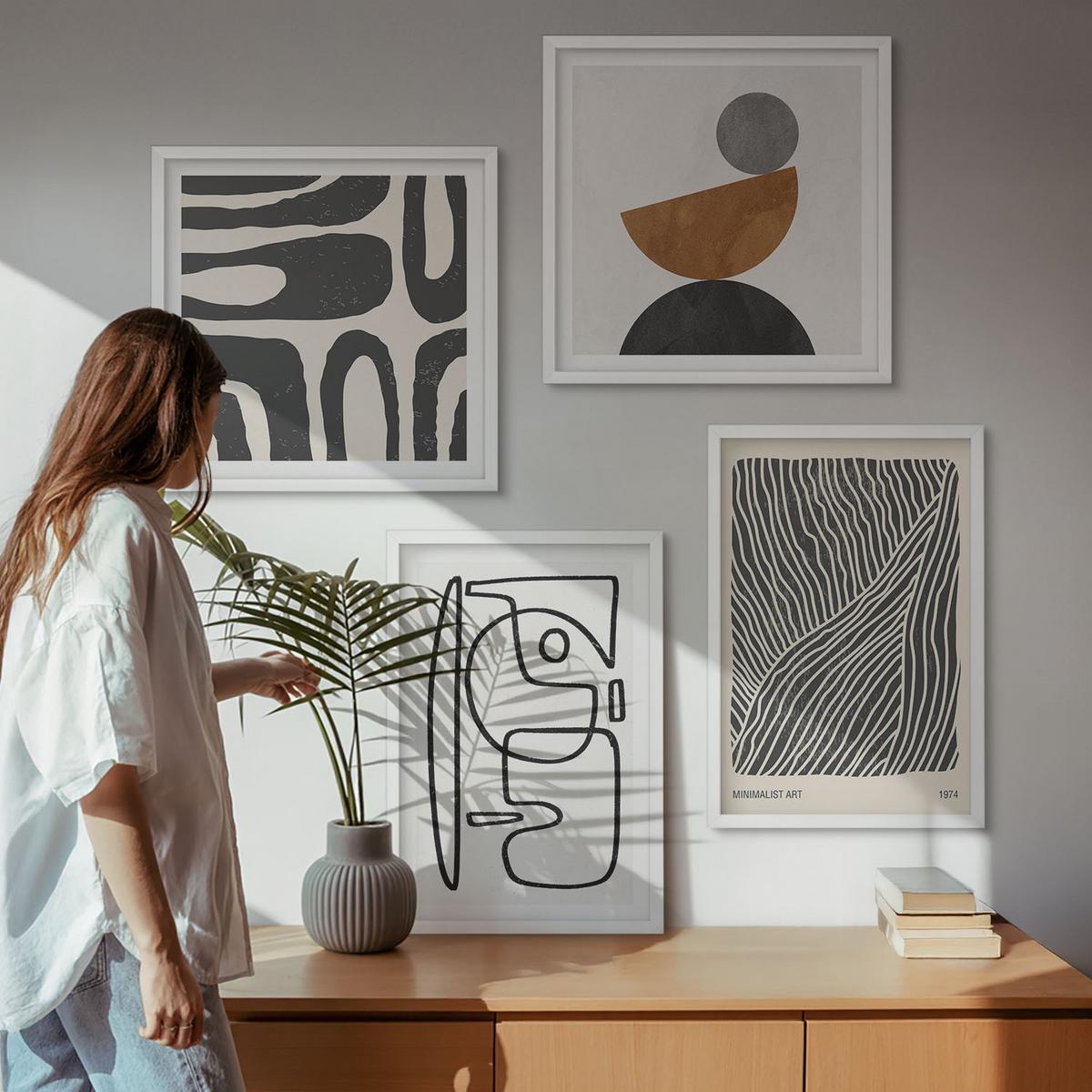 BILDER SET 4er Set - 50x50 cm & 40x60 cm Weißer Rahmen - Abstrakte Muster mit Linien - Weiß, Kunststoff (50/50cm) - TULUP