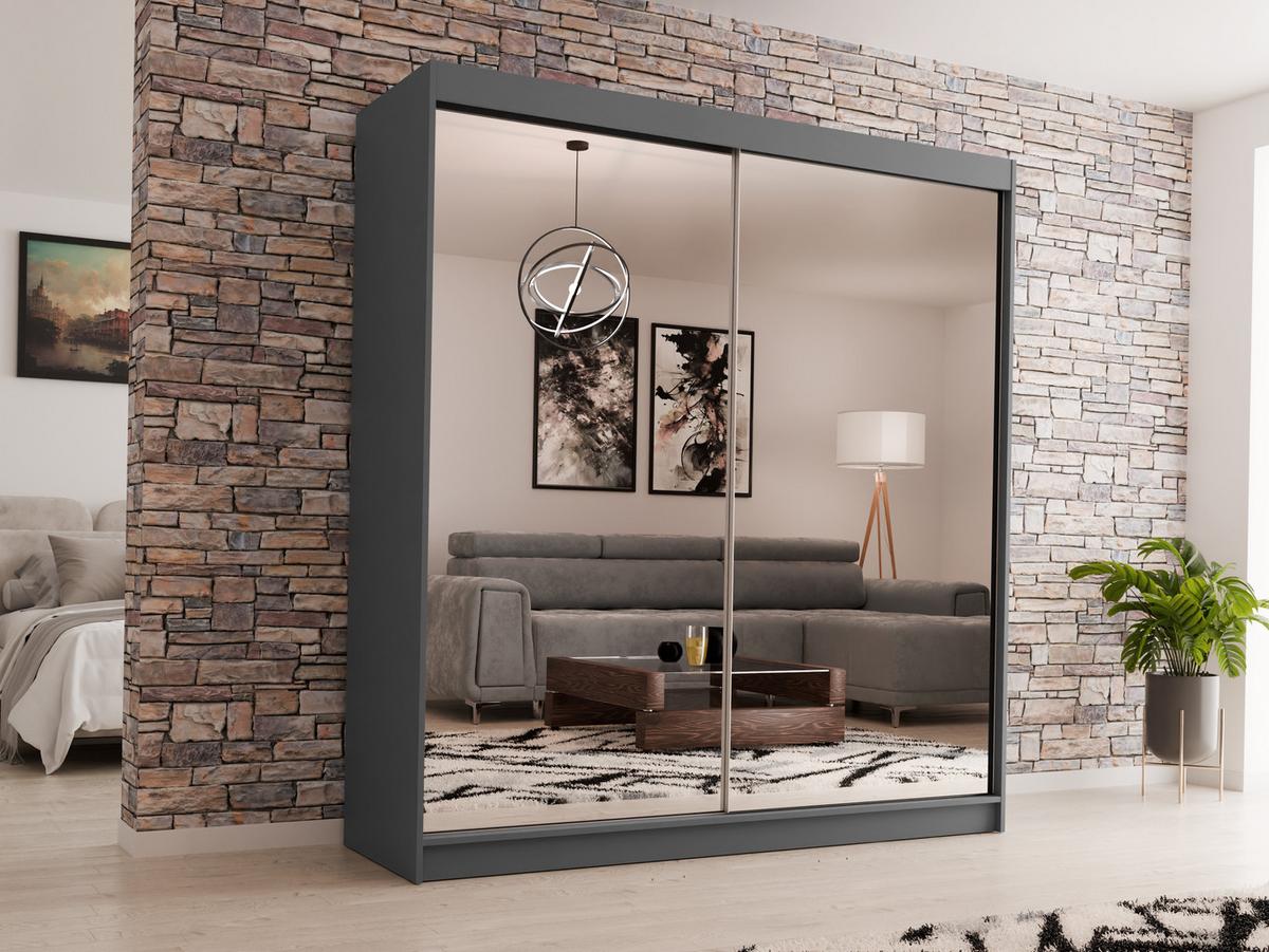 SCHWEBETÜRENSCHRANK Debra 200/216/61 graphit mit Spiegel - Graphitfarben, Holzwerkstoff (200/216/61cm) - Beautysofa