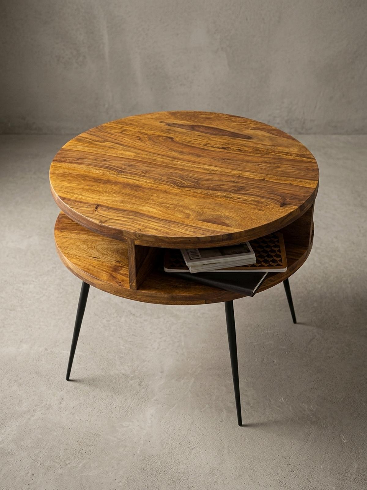 COUCHTISCH aus Sheesham Massivholz, Rund mit 4 Ablagefächern, Gestell aus Schwarzem Metall - Schwarz/Braun, Holz/Metall (60/60/45cm) - KADIMA DESIGN