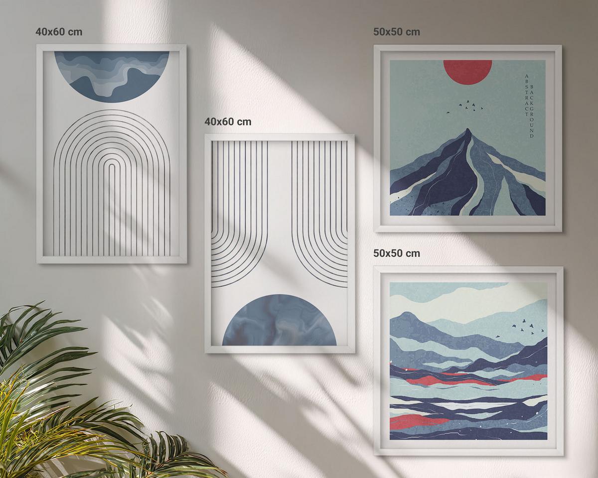 BILDER SET 4er Set - 50x50 cm & 40x60 cm Weißer Rahmen - Abstrakte Berglandschaften - Weiß, Kunststoff (50/50cm) - TULUP