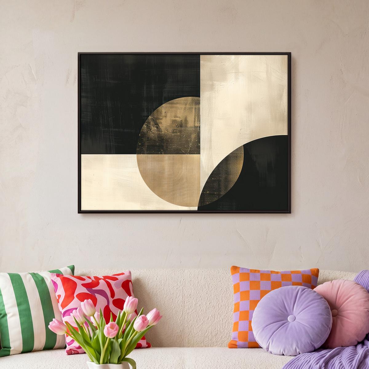 LEINWAND Bilder mit Rahmen - Abstrakt - Geometrische Formen - Schwarz - Gold - 80x60 - Ecru, Textil (80/60cm) - MuchoWow
