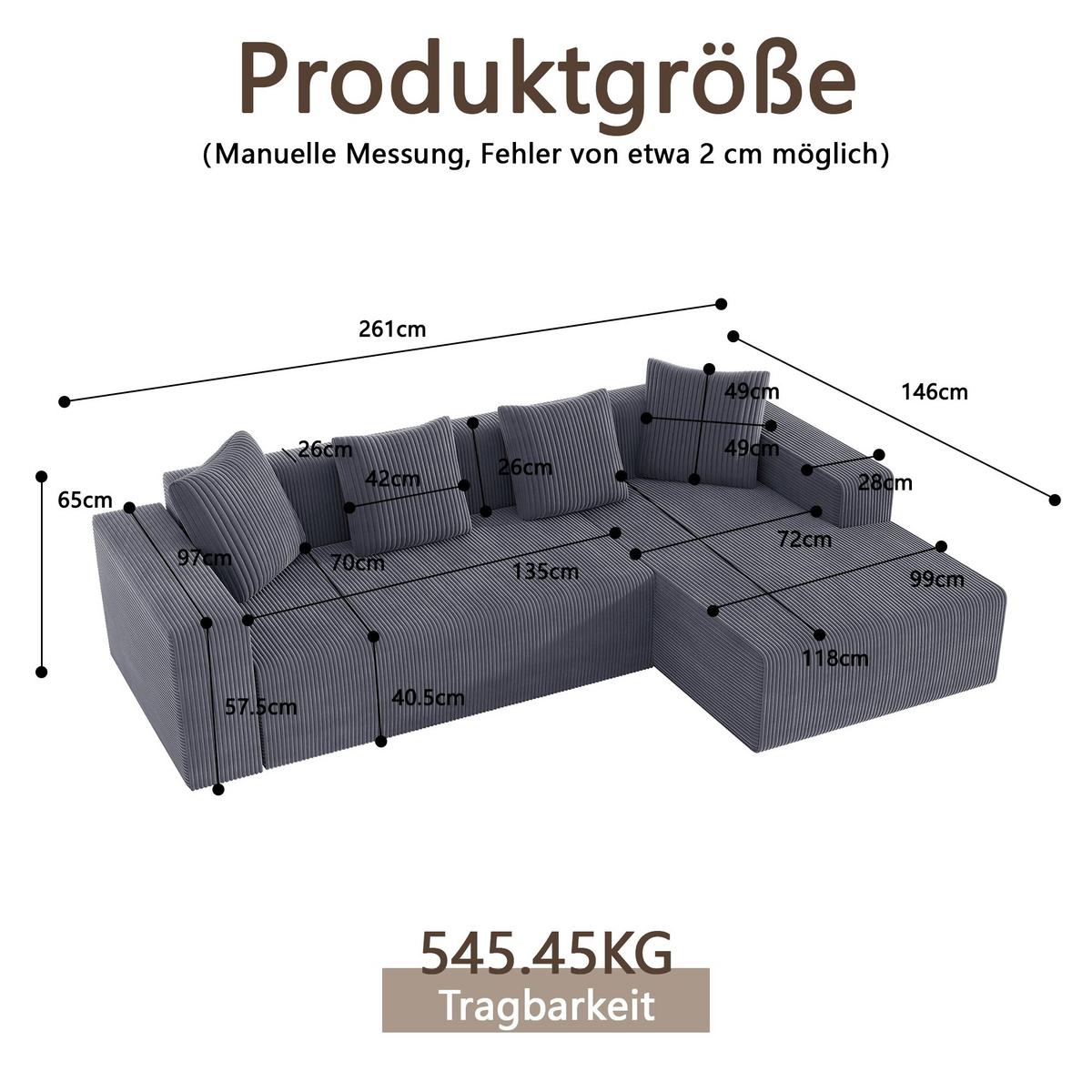 ECKSOFA aus Cord in Grau modulares Cloud-Design & ohne Montage - Beige, Textil (146/261cm) - Urban Meuble