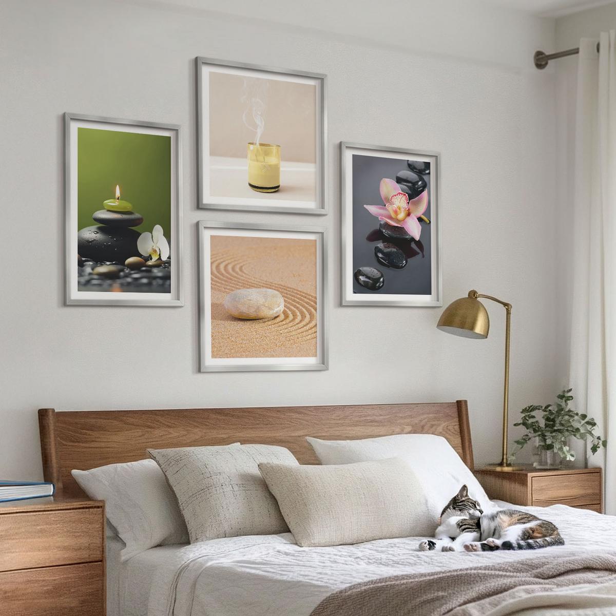 BILDER SET 4er Set - 50x50 cm & 40x60 cm Silberner Rahmen - Entspannende Zen-Steine für inneren Frieden - Silberfarben, Kunststoff (50/50cm) - TULUP
