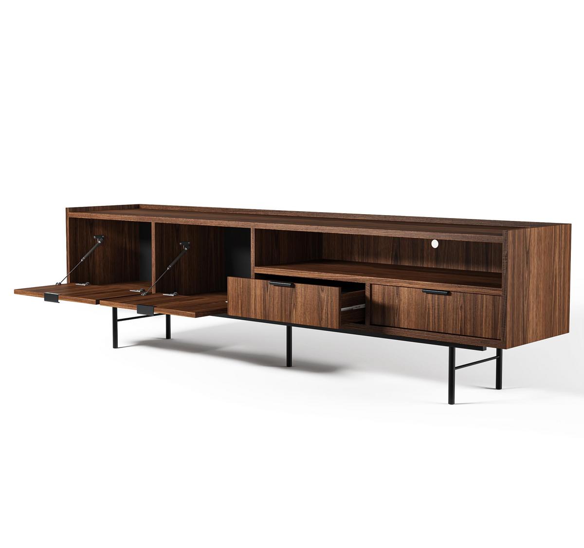 LOWBOARD Nordiva 2T 2S Warmia Walnut 200/55/40 cm – Metallgestell - Walnussfarben/Schwarz, Holzwerkstoff/Metall (200/55/40cm) - AX Living