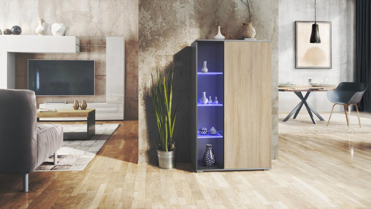 VITRINE Davos Eiche sägerau - Eiche San Remo, Holzwerkstoff (71.5/134/35cm) - Vladon