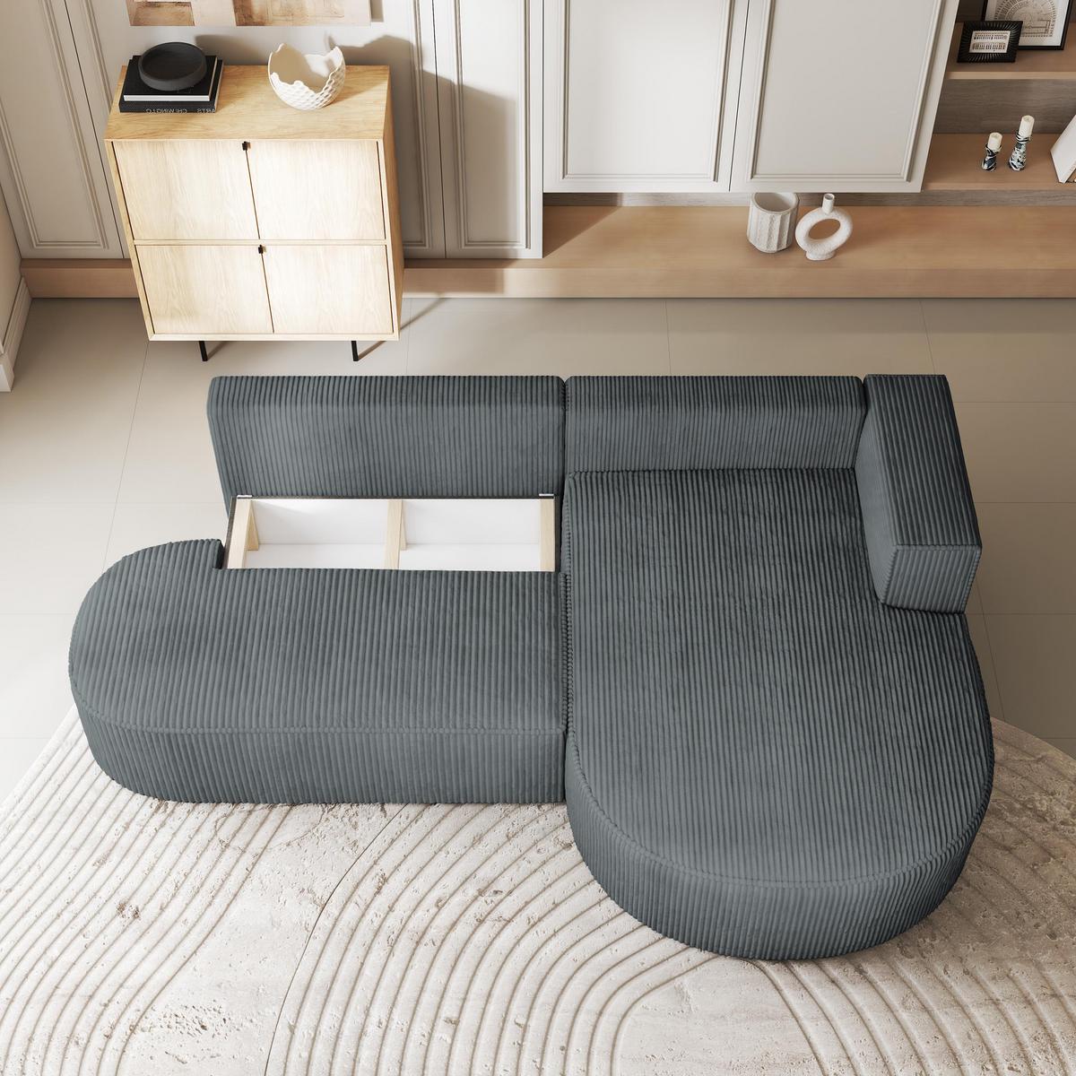 ECKSOFA CORTIO P R-S Grau Kordstoff mit Schlaffunktion - Grau, Holz (265/174cm) - MASSENO