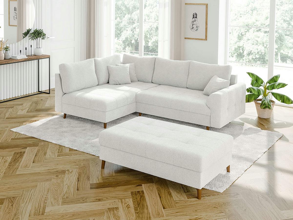 ECKSOFA inkl. Hocker Henrik Weiß Boucle - Ottomane links - Weiß/Braun, Holz/Textil (231/161cm) - S-Style Möbel