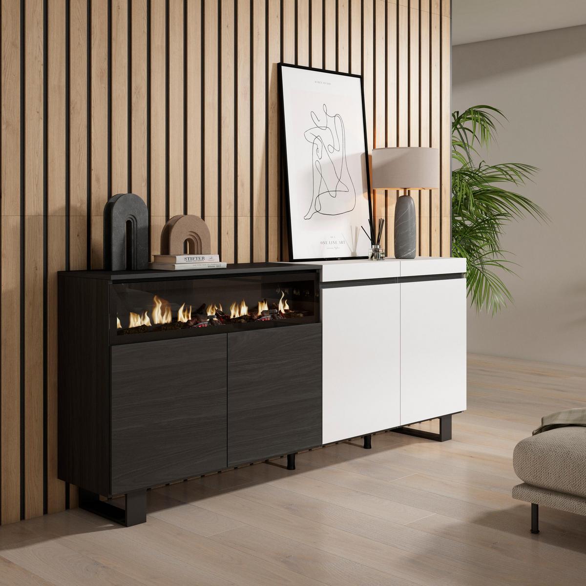SIDEBOARD Elektrokamin, weiß und schwarz, 200/35/87cm - Multicolor, Holzwerkstoff (200/87/35cm) - Skraut Home