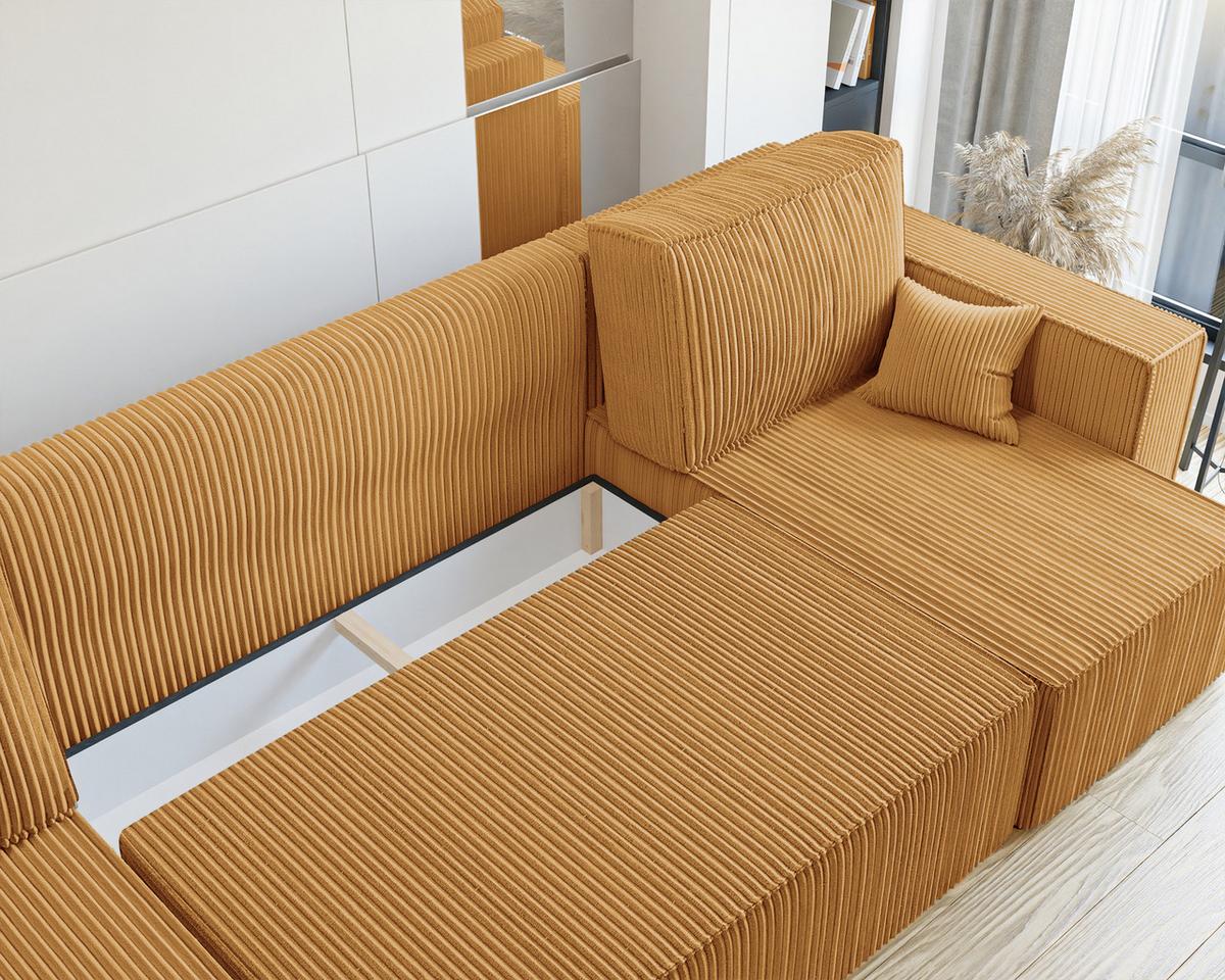 ECKSOFA mit Schlaffunktion und Bettkasten, Senfgelb - Gelb, Holzwerkstoff/Textil (312/145cm) - Idohome