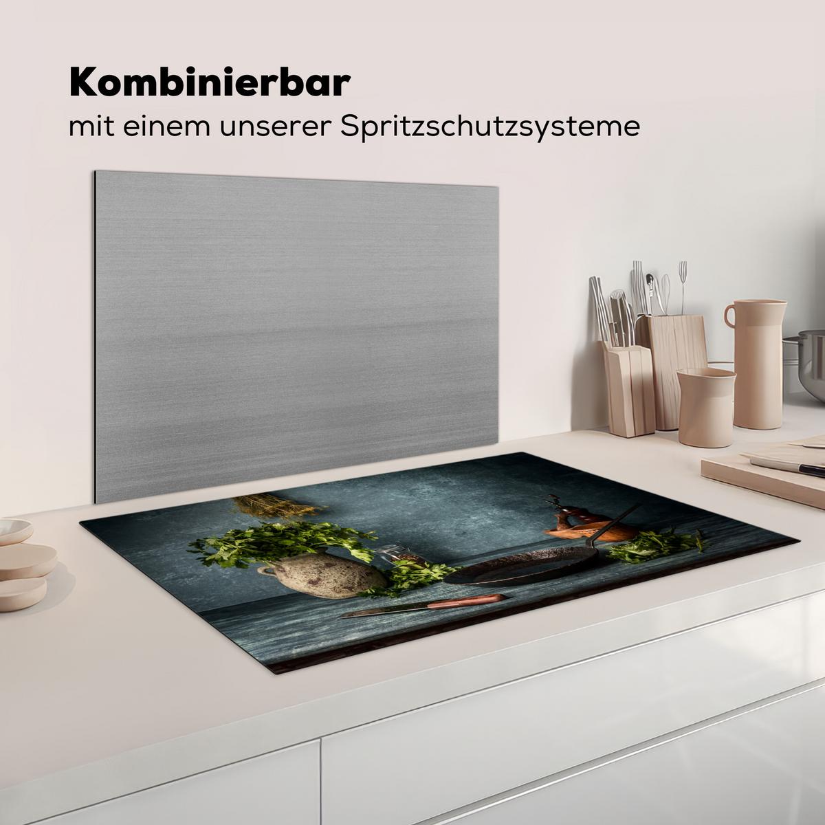 HERDABDECKPLATTE Kräuter - Gewürze - Pfanne - Messer - Grau - Rustikal Ceranfeldabdeckung 85x52 cm - Petrol, Kunststoff (85/52/0.2cm) - MuchoWow