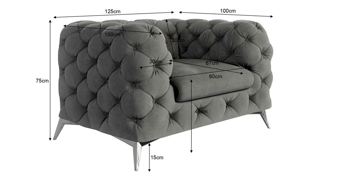 CHESTERFIELD-SESSEL Laura Grau Samt - Silberfarben/Grau, Holz/Textil (125/75/100cm) - S-Style Möbel