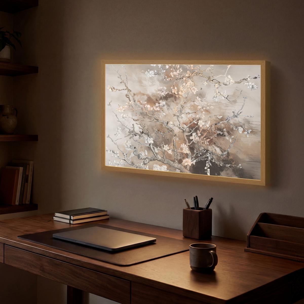 WANDLEUCHTE MIT AKKU Mandelblüte - Kunst - Van Gogh - Beige - Abstrakt 60x40 cm - Graubraun, Holzwerkstoff (60/40/8cm) - OnlyWow