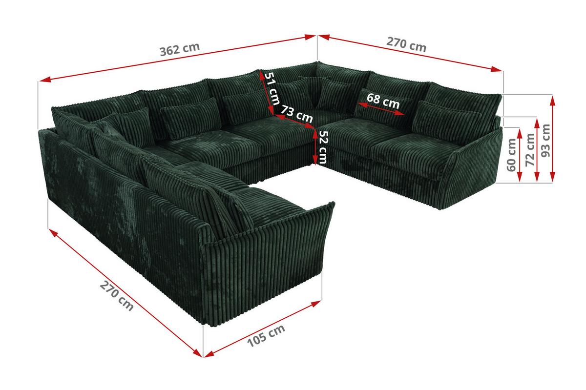 WOHNLANDSCHAFT VERSO U 8M Grün Cord - Schwarz/Grün, Kunststoff/Textil (362/93/270cm) - MKS