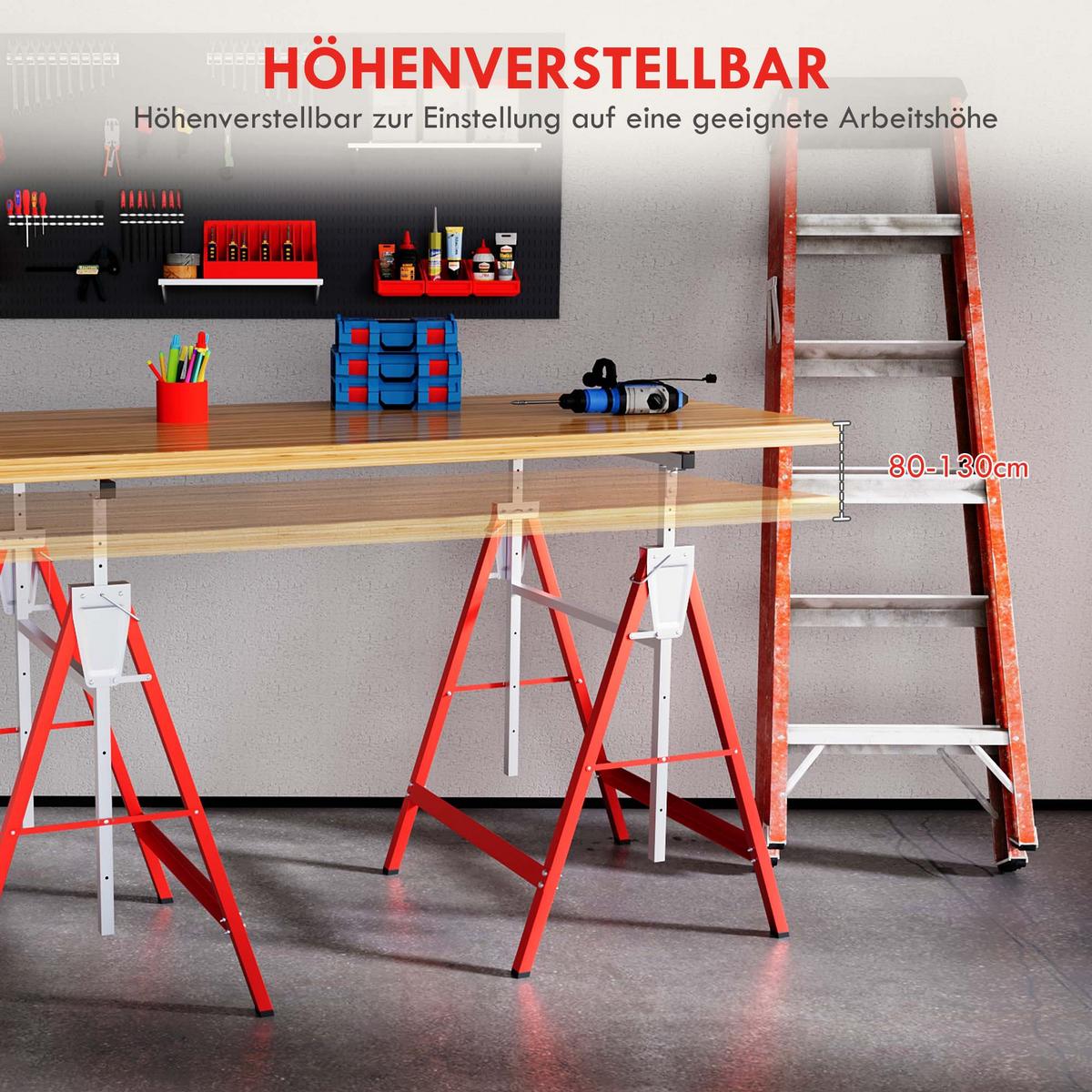 2 x Gerüstbock höhenverstellbar Unterstellbock Klappbock bis 200kg Stahl Rot - Rot, Metall (68/58/130cm) - HOMCOM