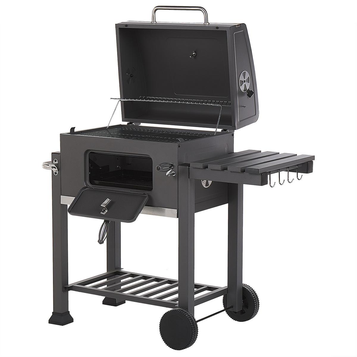HOLZKOHLEGRILL mit Deckel Stahl Grau rechteckig rollbar Pavlof - Grau, Metall (79/107/49cm) - Beliani