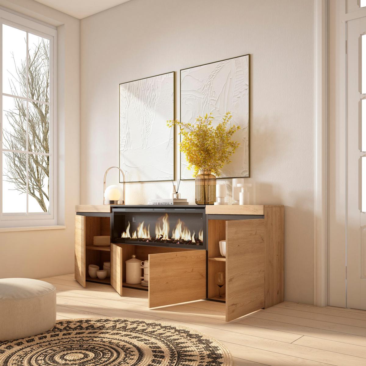 SIDEBOARD Highboard, mit Elektrokamin XXL, eiche, 208/35/75cm - Eichefarben/Multicolor, Holzwerkstoff (208/75/35cm) - Skraut Home
