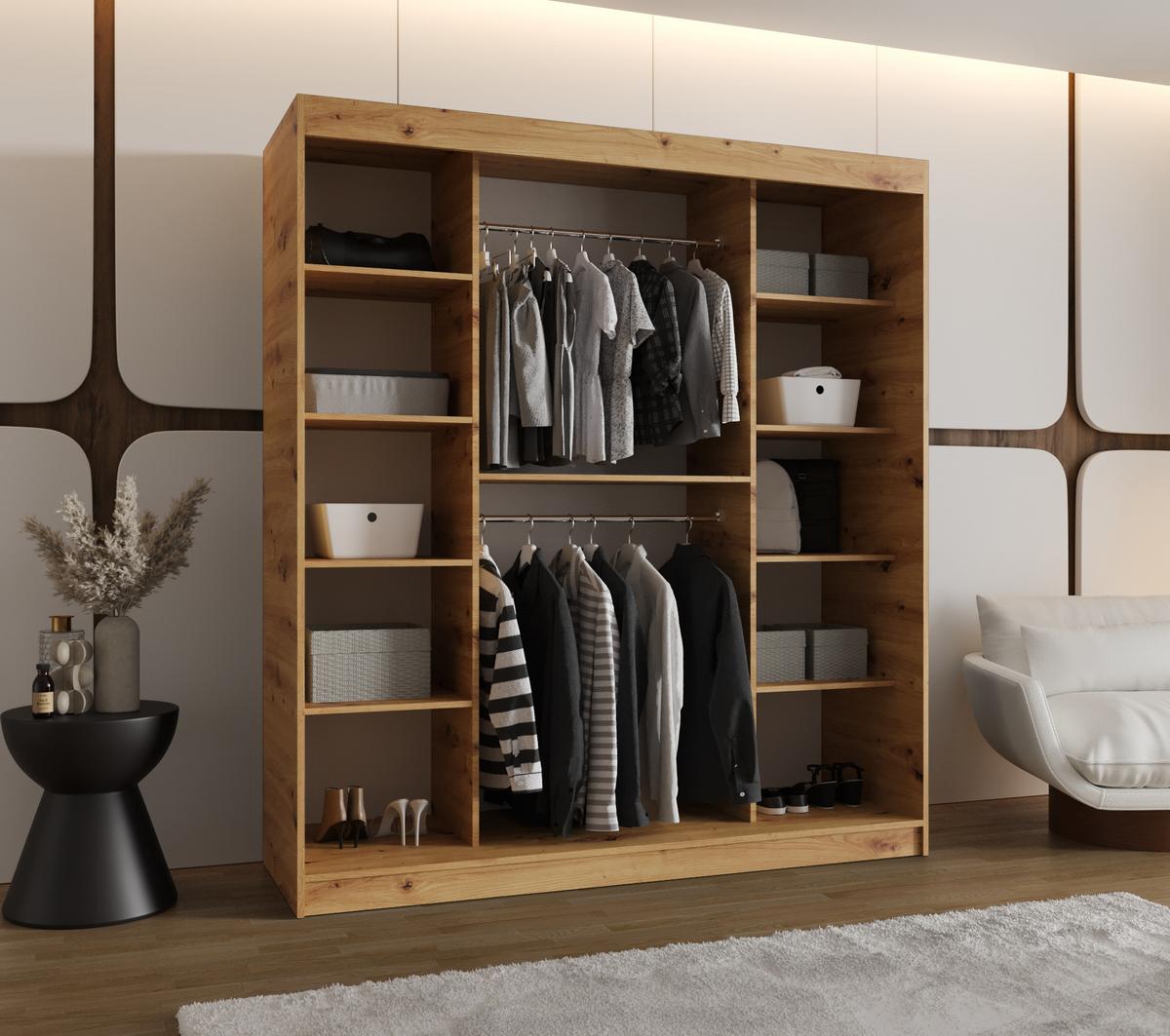 SCHIEBETÜRENSCHRANK mit Spiegel LUCY 200/180/62 2-türig - Silberfarben/Eiche Artisan, Holz (180/200/62cm) - MÖBEL KRYSPOL