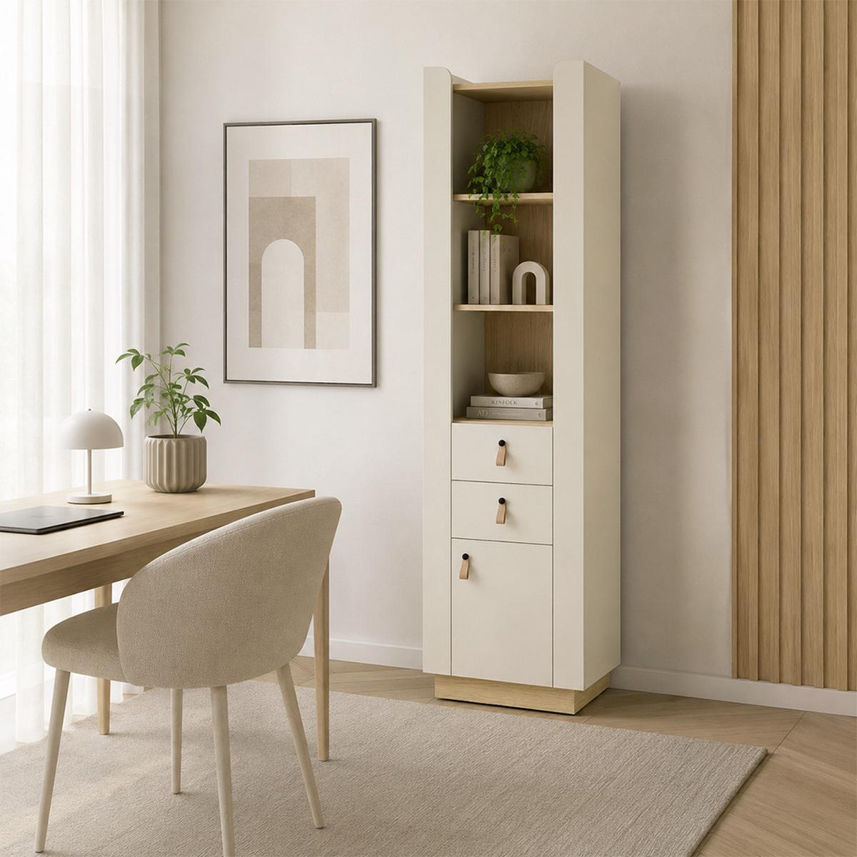 BÜCHERREGAL Sorella mit 1 Tür, 2 Schubladen und offenen Regalböden, Macadamia + Eiche Mavelie - Eichefarben/Beige, Leder/Holzwerkstoff (55/201/52cm) - Beautysofa