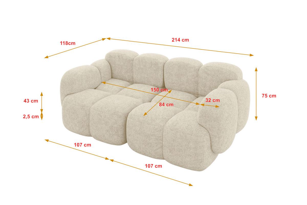 2-SITZER modulares Sofa Miko-S1 214x118x75 cm Creme Velours - Creme/Schwarz, Holzwerkstoff/Kunststoff (214/75/118cm) - ALTDECOR