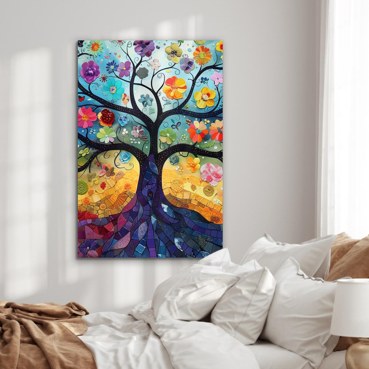 METALLBILD Kunst - Baum des Lebens - Blumen - Hippie 80x120 cm - Dunkelblau, Metall (80/120cm) - MuchoWow