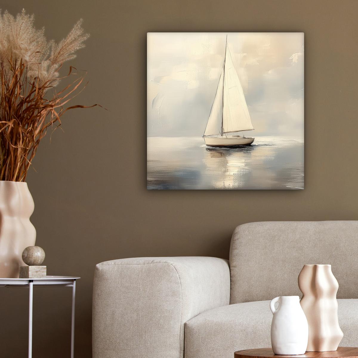 LEINWANDBILD Segelschiff - Meer - Bewölkt Wandbild Wohnzimmer 50x50 cm - Creme, Textil (50/50cm) - MuchoWow