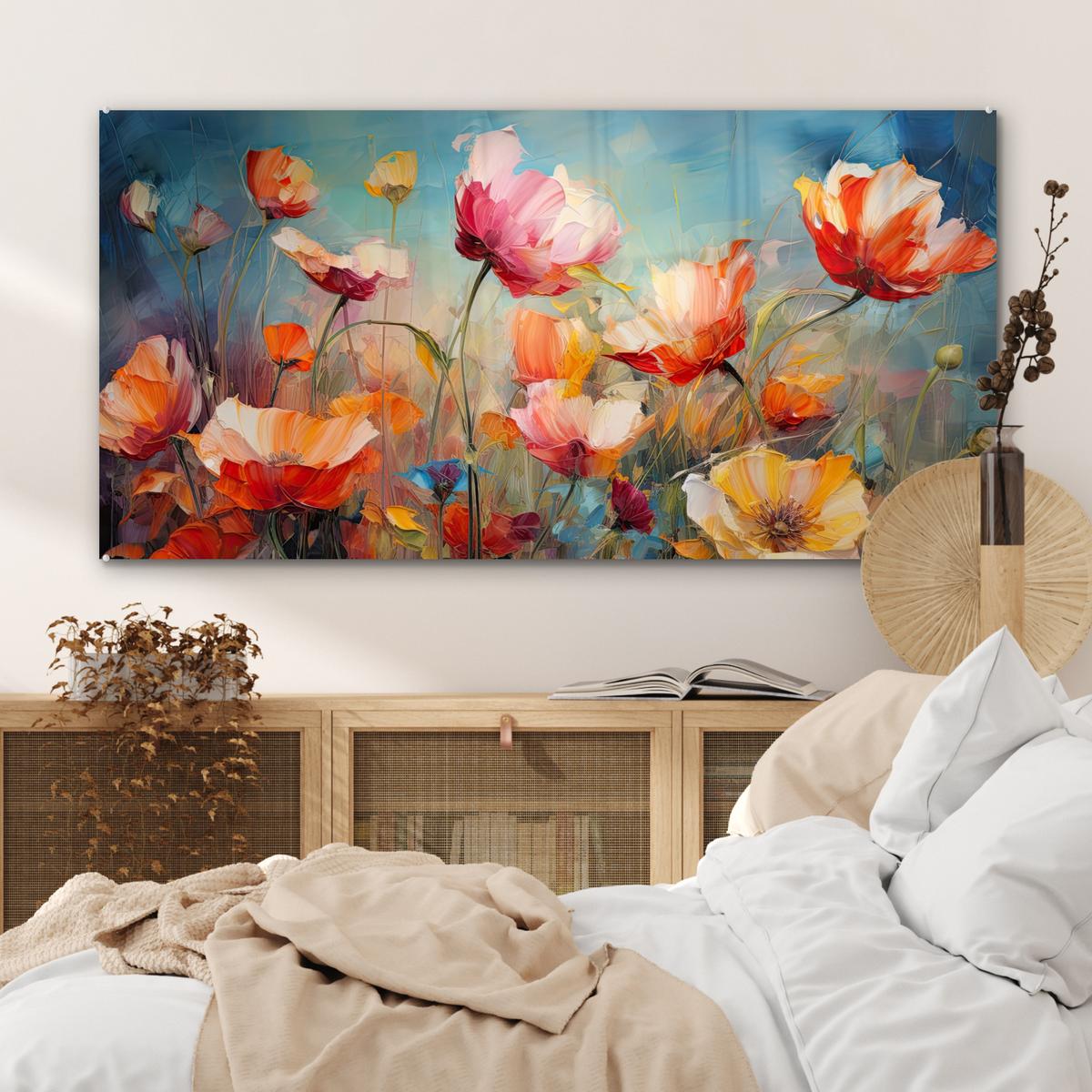 ACRYLGLASBILD Blumen - Aquarell - Kunst - Botanisch - Natur 120x60 cm - Orange, Glas (120/60cm) - MuchoWow