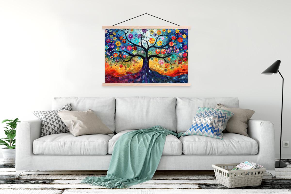 POSTER MIT MAGNETLEISTEN Kunst - Baum des Lebens - Blumen - Hippie Magnetleiste 120x80 cm - Dunkelblau, Textil (120/80/0.15cm) - MuchoWow