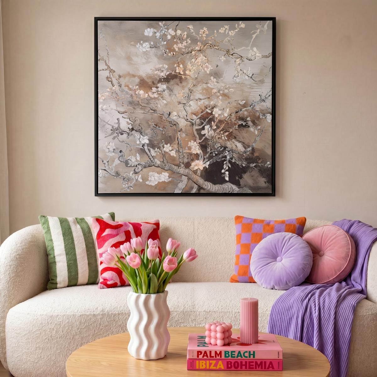 LEINWAND Bilder mit Rahmen - Mandelblüte - Kunst - Van Gogh - Beige - Abstrakt - 90x90 - Braun, Textil (90/90cm) - MuchoWow