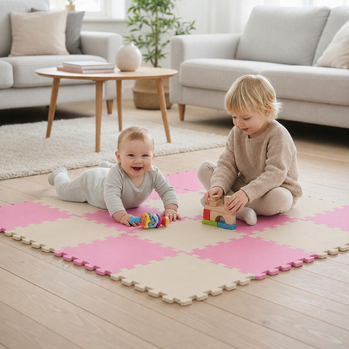 SPIELMATTE ab Null - 180/90/1 cm Puzzlematte Beige - Pink/Beige, Kunststoff (30/30cm) - Littletom