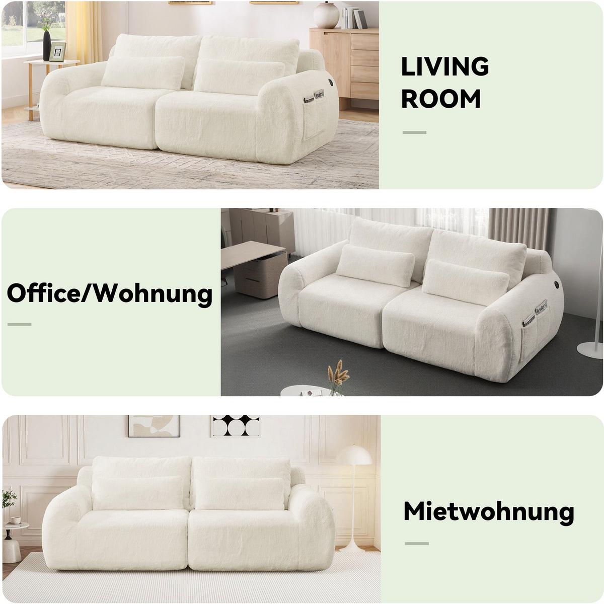 2-SITZER SOFA in Beige aus Kunstfell mit USB-Anschluss & Seitentasche - Beige, Textil (101/81/208cm) - Urban Meuble
