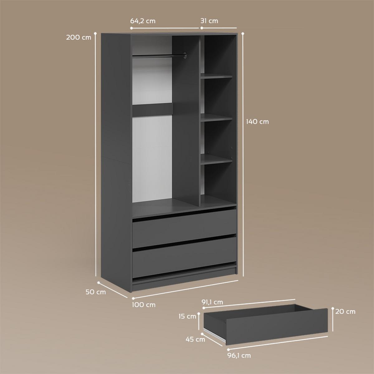 KLEIDERSCHRANK Trento Anthrazit mit 2 Schubladen - Anthrazit, Holzwerkstoff (100/200/50cm) - Livinity®