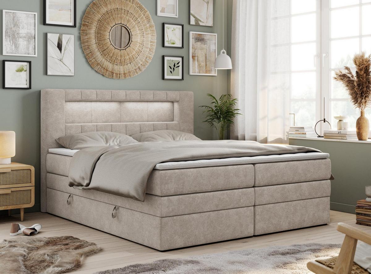 BOXSPRINGBETT GOLD-5 KING LED 200/200 Beige Struktur - H3 - Beige, Holz/Textil (200/200cm) - MKS