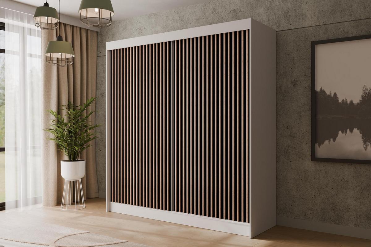 KLEIDERSCHRANK mit Lamel-Schiebetüren VILANv2 - 200 cm Weiß + Lamelle Eiche Wotan - Eiche Wotan/Weiß, Holzwerkstoff (200/215/61cm) - ALTDECOR