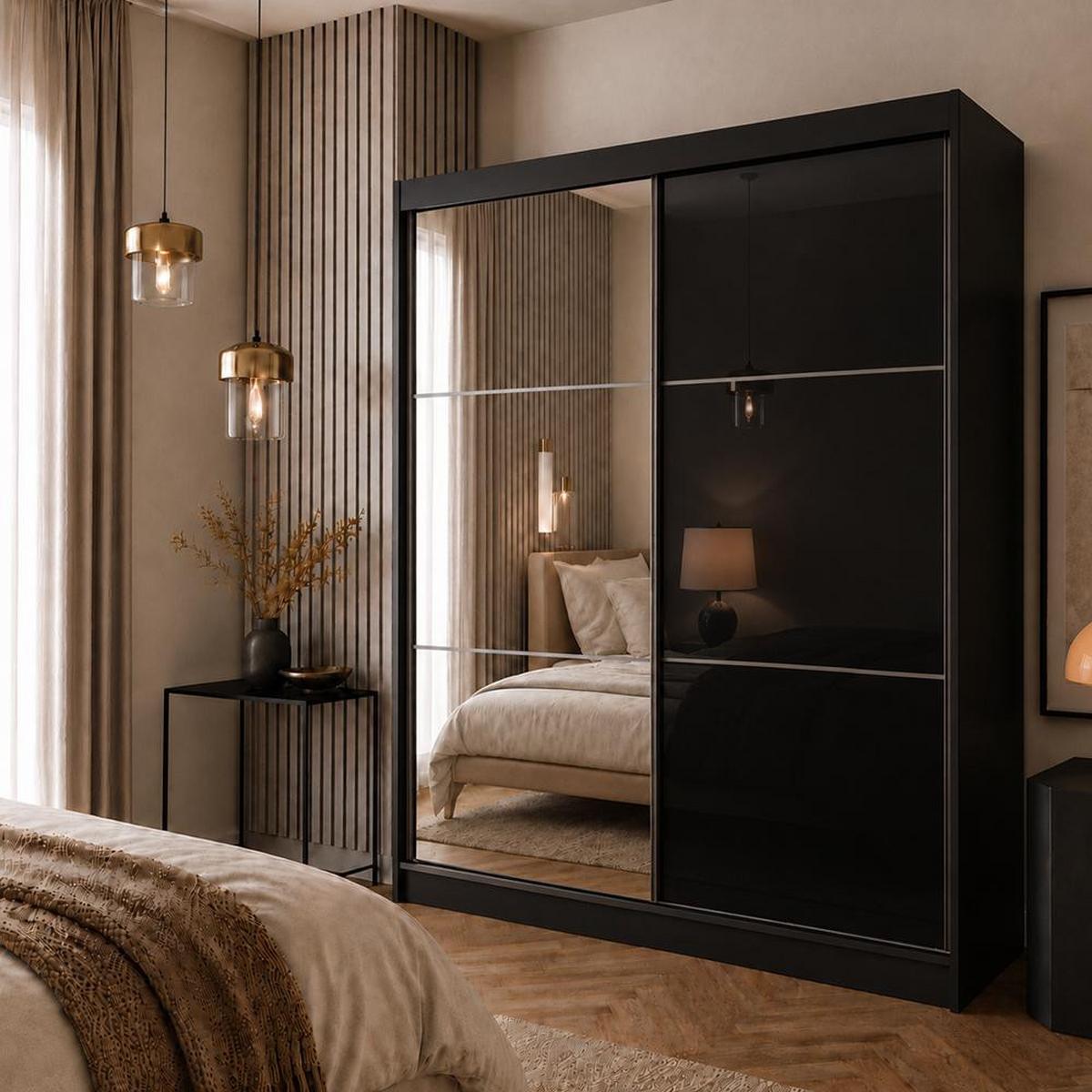 SCHWEBETÜRENSCHRANK Viva II 200/216/61 schwarz mit Spiegel und Schubladen - Schwarz, Holzwerkstoff (200/216/61cm) - Beautysofa