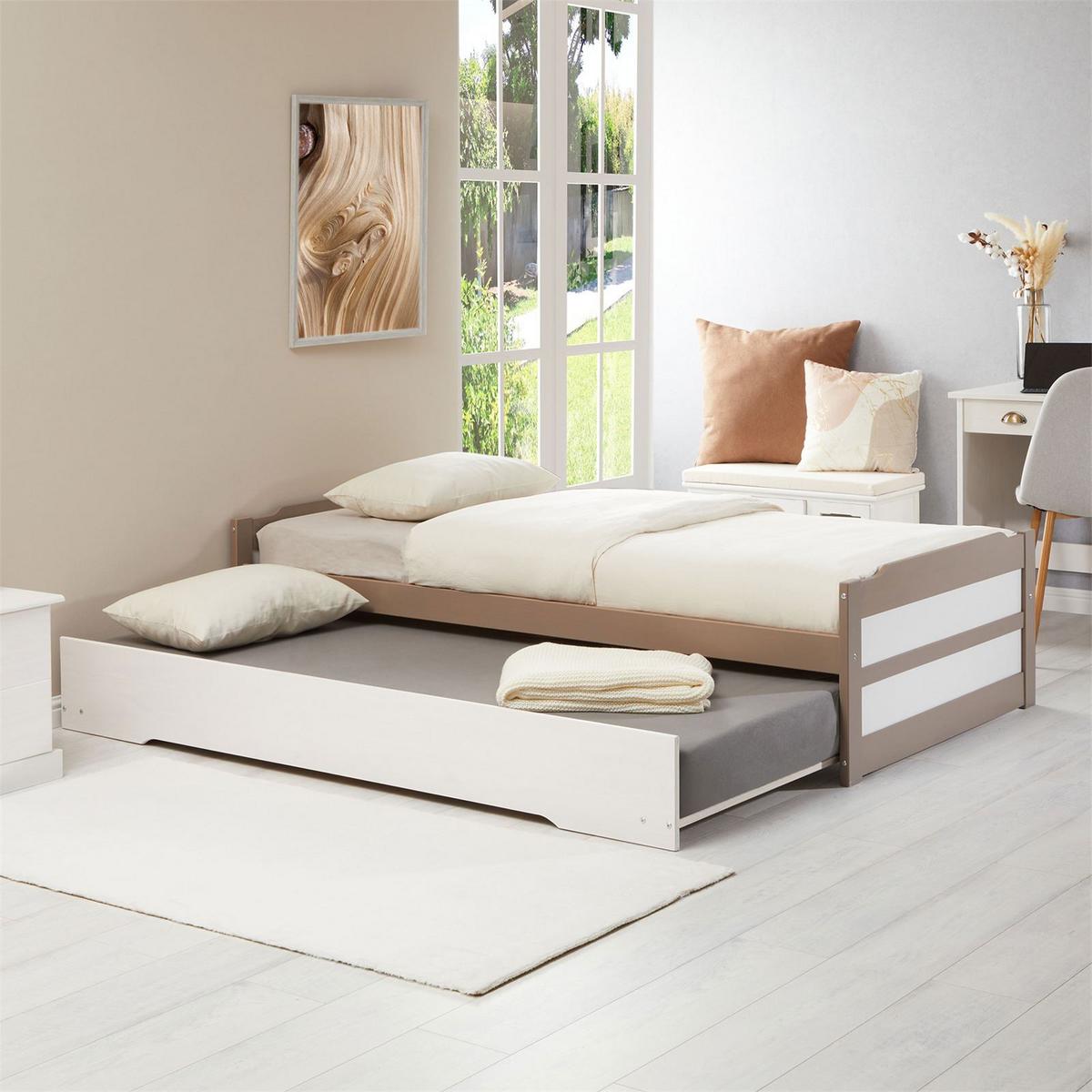 TANDEMBETT LORENA 90x190 cm taupe/weiß - Taupe/Weiß, Holz (90/190cm) - IDIMEX