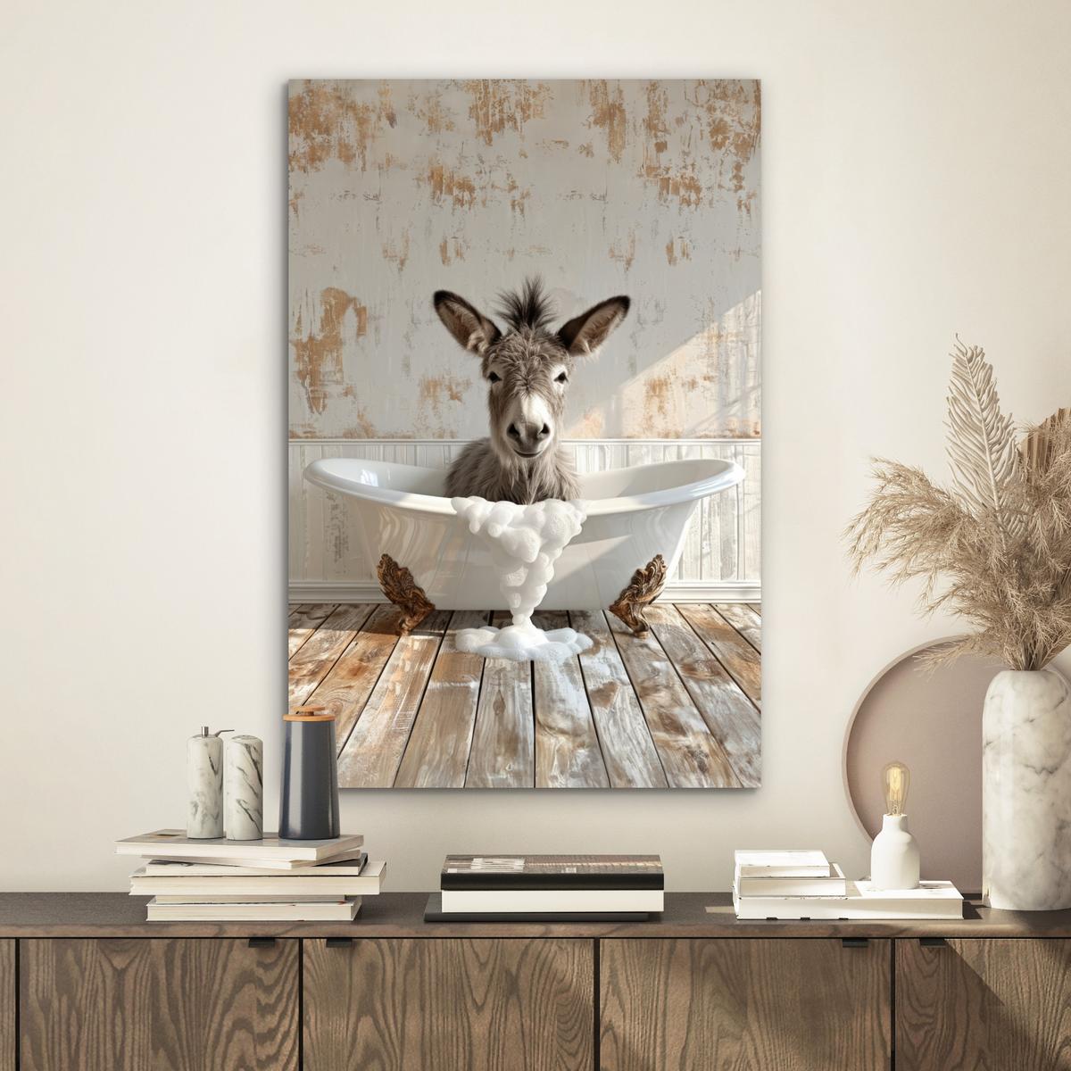 METALLBILD Esel - Tiere - Badewanne - Schaumstoff Deko Schlafzimmer 40x60 cm - Weiß, Metall (40/60cm) - MuchoWow