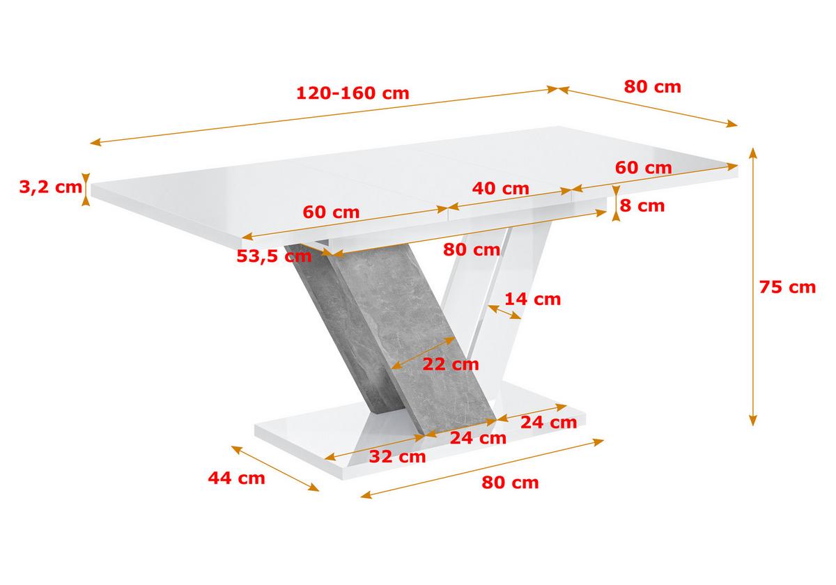 ESSTISCH ausziehbar 120 -160x80x75 cm - White Gloss / Stone - CLASI - Weiß Hochglanz/Grau, Holzwerkstoff (120/80/75cm) - ALTDECOR