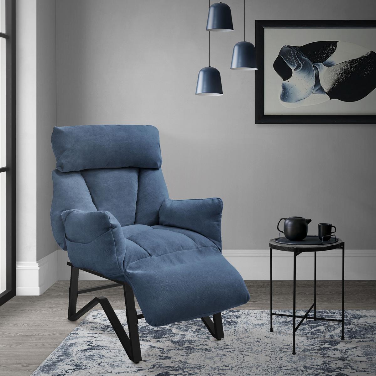 SESSEL mit Liegefunktion Blau Leinenbezug Relaxsessel verstellbar für Wohnzimmer - Blau/Schwarz, Textil/Metall (85/102/82cm) - ML-DESIGN