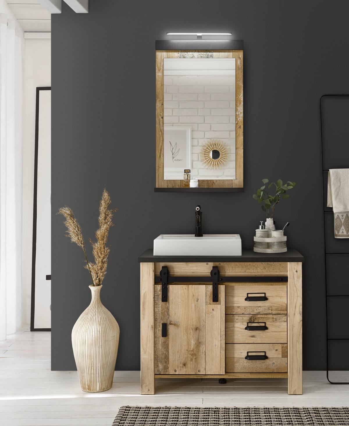 BADMÖBEL-SET 4-teilig, Used Wood hell, anthrazit, Badkombination mit Waschbecken LED Spiegellampe - Eichefarben/Anthrazit, Holzwerkstoff/Metall (95/210/43cm) - Furn.Design