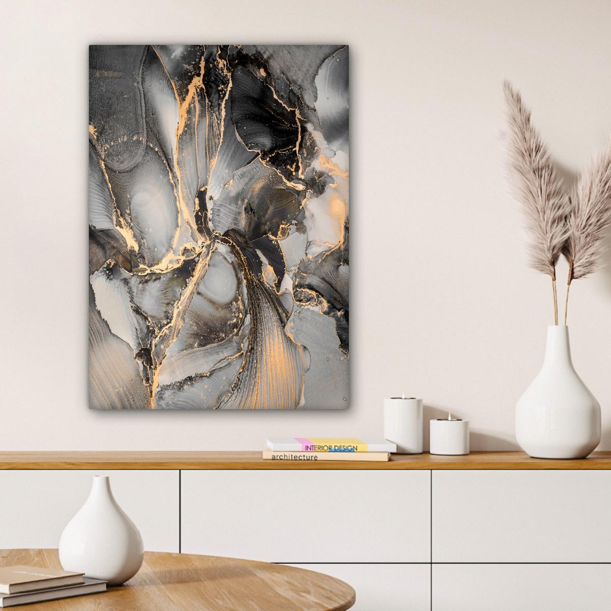 LEINWANDBILD Grau - Luxus - Gold - Marmor Wandbild Wohnzimmer 60x80 cm - Dunkelgrau, Textil (60/80cm) - MuchoWow